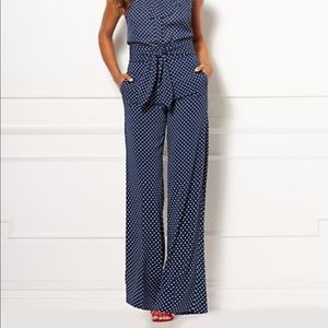 Blue and white polka dot wide leg pants